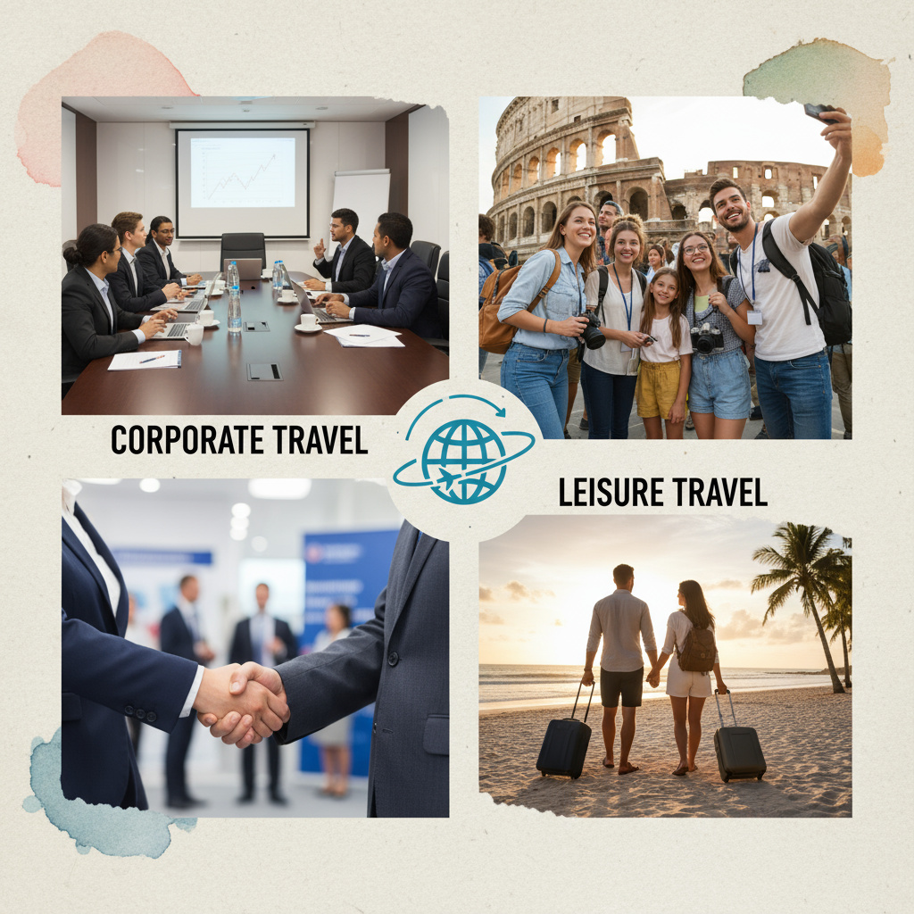 Collage of business and leisure travel scenes