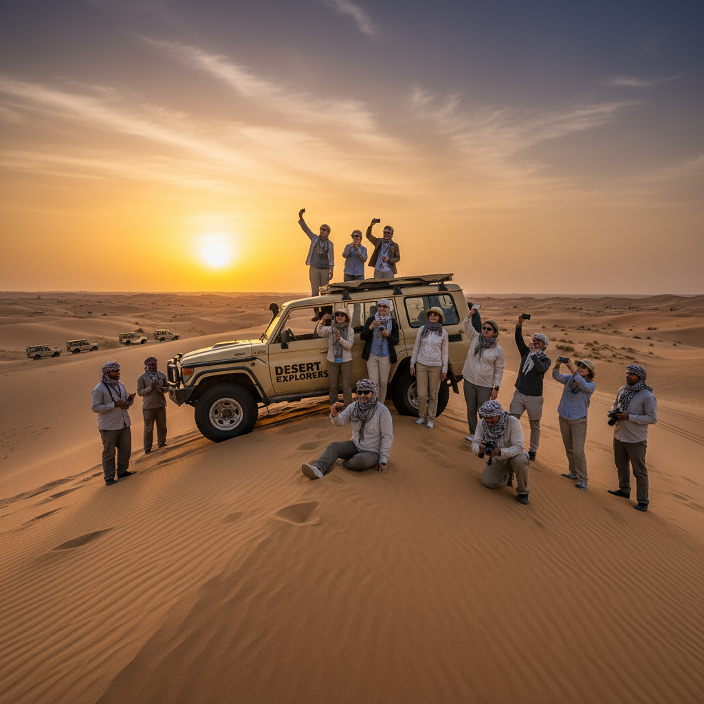 4x4 desert safari on golden dunes at sunset